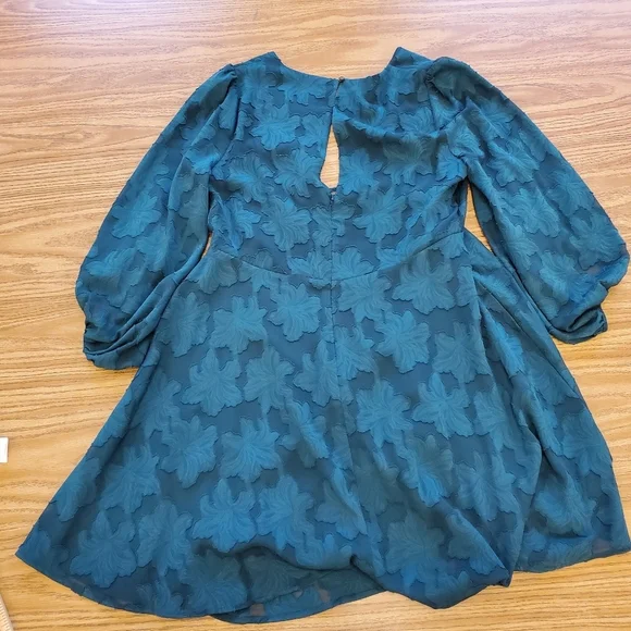 Anthropologie Jacquard Tunic Dress Green Teal Puff Sleeve Size 2P - Picture 4 of 11